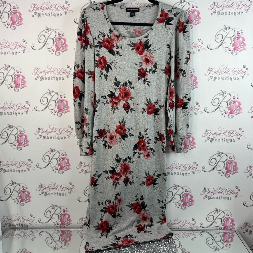 Streetwear Society dress roses red green Gray Floral Long Sleeve Dress stretchy